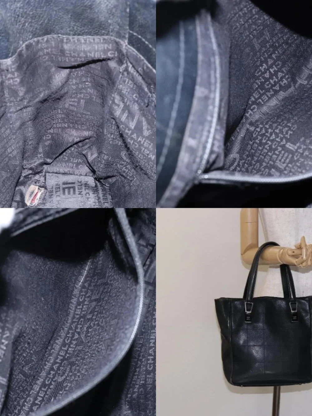 CHANEL Choco Bar COCO Mark Hand Bag Canvas Black Silver CC Auth BA5420